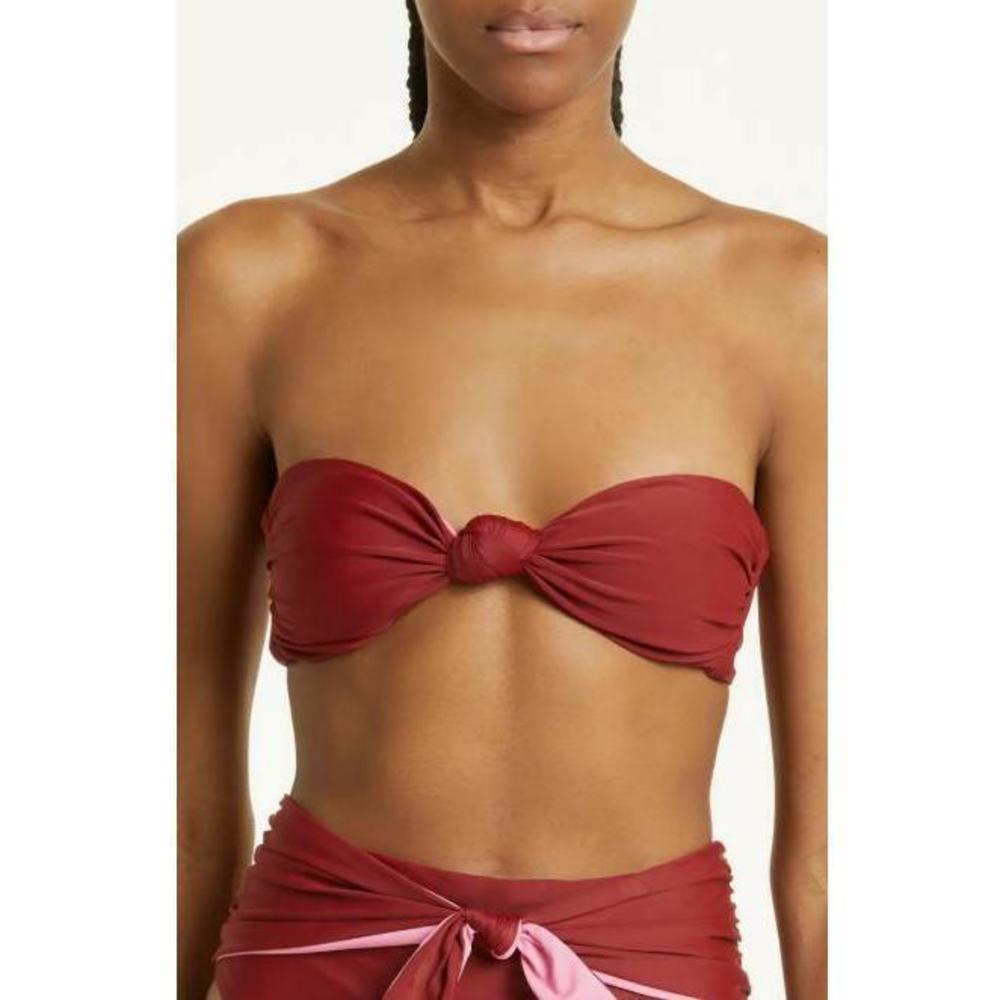 Veronica Beard Gilly Knotted Strapless Bikini Top Deep Brick Multicolor Large